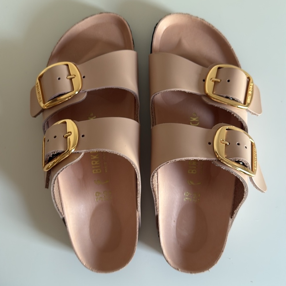 BIRKENSTOCK Arizona Big Buckle High Shine Leather Slide Sandals Nude 39 8-8.5 - Picture 8 of 16